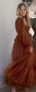 Long Sleeves Prom Gowns A Line Tulle Tiered Skirt Short Formal Special Party Dresses Women Bridesmaid Dress Dark Brown