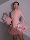 Solid Spliced Button Slimming Mini Dresses For Women O Neck Long Sleeve High Waist Patchwork Ruffles Female Fashion New 2025