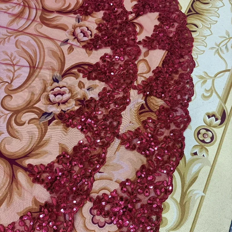 One Tier Wine Red Bride Veil Lace with Sequins Cathedral Veil Wedding Accessories Metal Comb