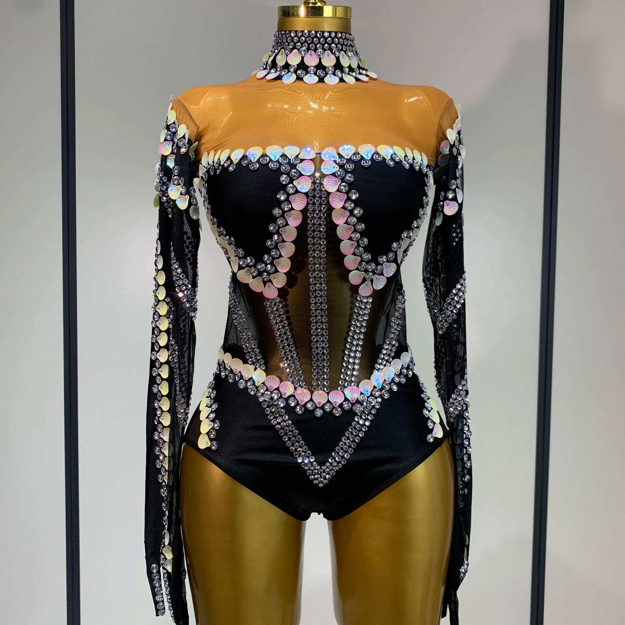 Women Sexy Sparkly Rhinestone Bodysuit Evening Party Dance Show Birthday Nightclub Halloween Costume Stage Performance Outfit black
