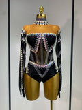 Women Sexy Sparkly Rhinestone Bodysuit Evening Party Dance Show Birthday Nightclub Halloween Costume Stage Performance Outfit black
