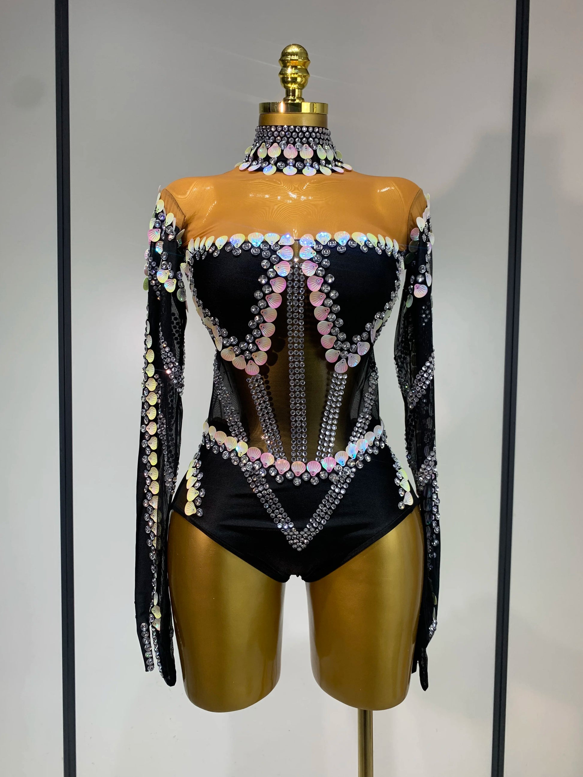 Women Sexy Sparkly Rhinestone Bodysuit Evening Party Dance Show Birthday Nightclub Halloween Costume Stage Performance Outfit black