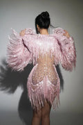 Sparkly Rhinestone Sequin Tassel Coat And Skirt 2Pcs Women Birthday Party Nightclub Dj Stage Performance Costume