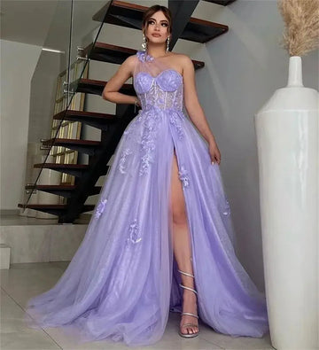 Lavender Tulle A-line Prom Dress One Shoulder Sleeveless Floor-Length Split Evening Gown As Picture