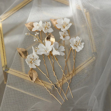 Bridal Accessories Porcelain Flower Hair Pins Clips Vintage Gold Color Hairpins For Brides Women Head Pieces Wedding Jewelry a