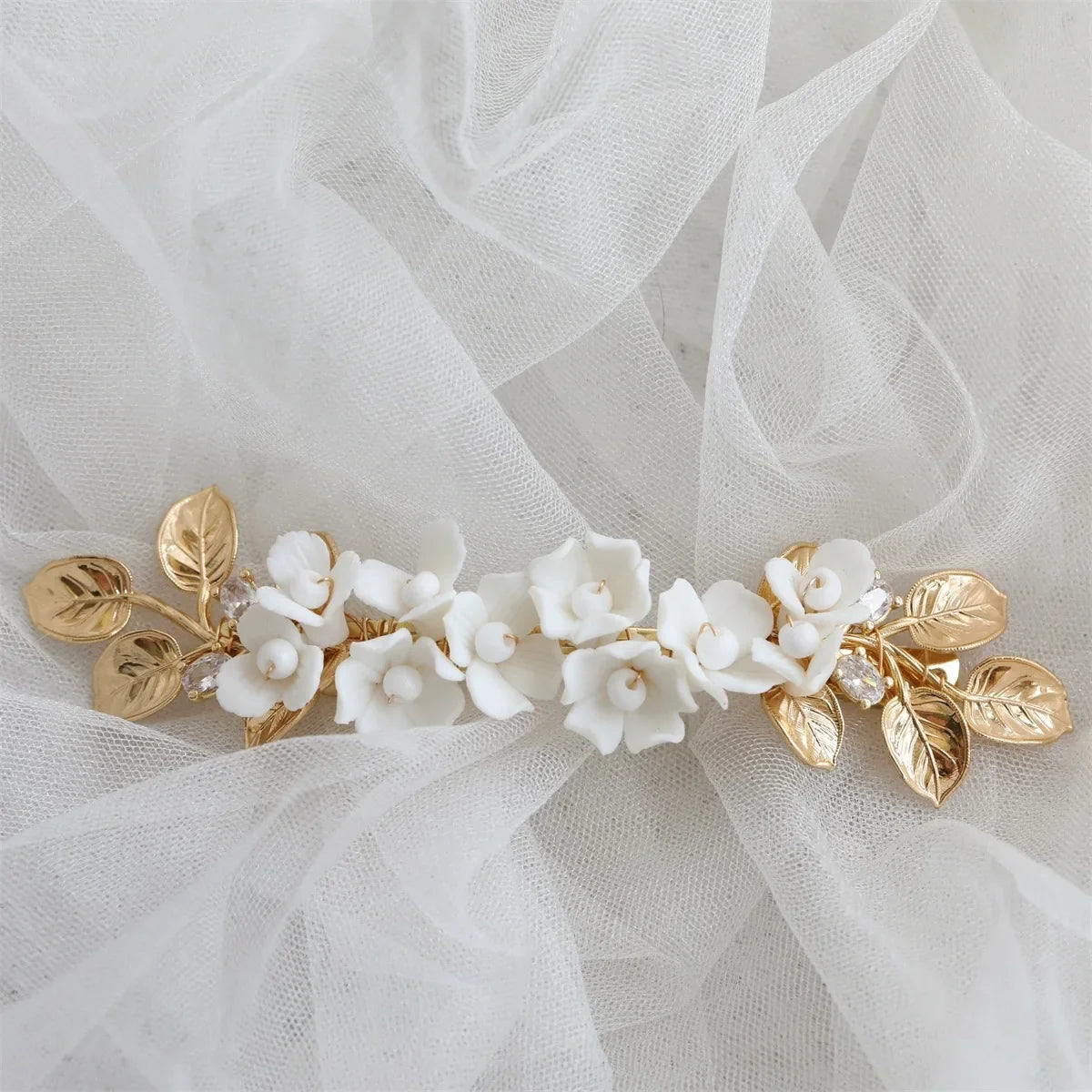 Vintage Gold Color Headband Hairband Porcelain Flower Leaf Zircon Headpiece Bride Women Wedding Accessories Bridal Hair Jewelry b