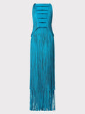 Sexy Women's Wear Heavy Industry Tassel Bandage Dress O-Neck Sleeveless Slim Fit Long Dress Cocktail Evening Party Vestidos Blue