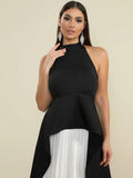 Elegant Women's Loose pleated Long Dress with Stand up Collar and Sleeveless Black and White Dress Fashion Banquet Vestidos