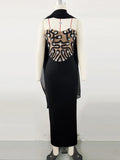 Elegant Women's Light Luxury Nail Bead Patchwork Bandage Dress+Scarf Strapless Sleeveless Bodycon Long Dress Party Vestidos black