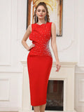 Elegant Women's Light Luxury Pearl Design Red Bandage Dress O-Neck Sleeveless Bodycon and Knee Dress Dinner Party Vestidos Red