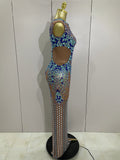 Luxury Sparkly Rhinestones Nude Sexy Mesh Maxi Dress Women Evening Birthday Party Elegant Gown Show Red carpet Stage Costume