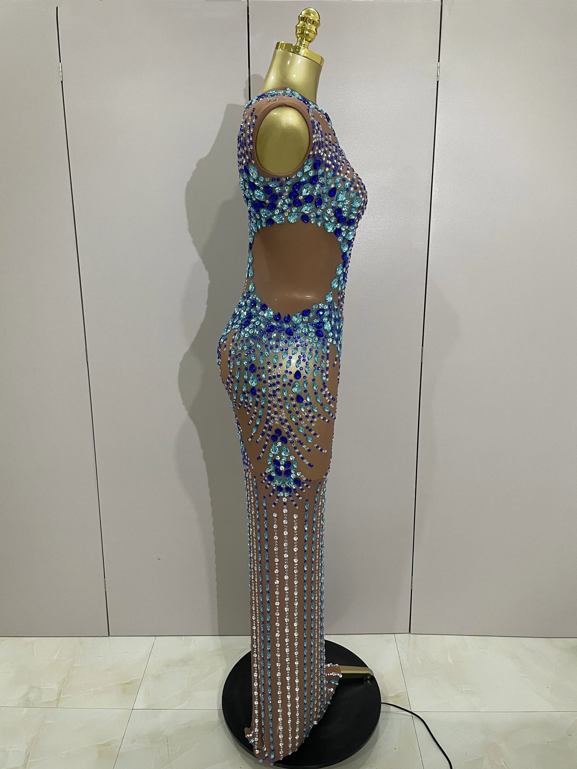 Luxury Sparkly Rhinestones Nude Sexy Mesh Maxi Dress Women Evening Birthday Party Elegant Gown Show Red carpet Stage Costume