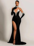 Women's Light Luxury Nail Bead Design Velvet Dress+Neck+Glove Design Strapless Sleeveless Bodycon Split Body Long Dresses