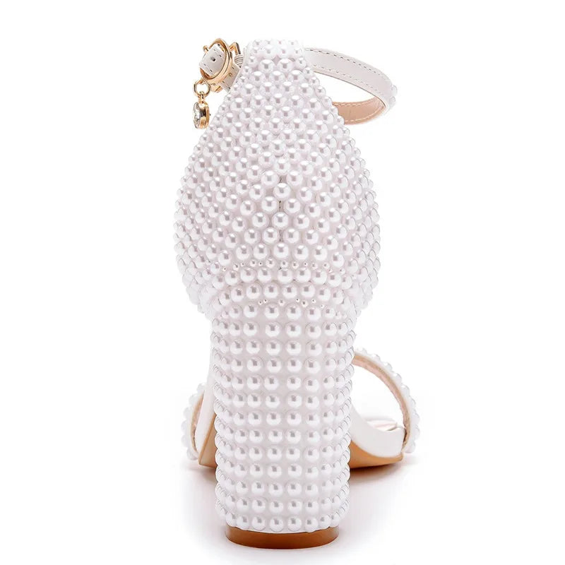 Luxury Pearls Rhinestones Thick Heeled Women Sandals Concise High heels Gladiator Sandals Fashion Female Banquet Party Shoes