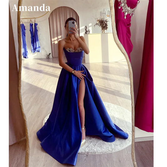 Dark Blue Prom Dresses Off Shoulder Satin vestidos de fiesta Elegant Sleeveless A-line Sexy Side High Split Party Dress as pic