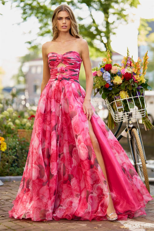 Floral Print Prom Dresses A-line Organza vestidos de fiesta Strapless Side Split Sweep Train Sleeveless Formal Evening