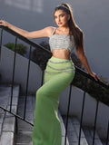 Sexy Women Light Luxury Nail Bead Long Skirt Set Spaghetti Strap Sleeveless Ultra Short Vest+High Waist Skirt Two-Piece Set