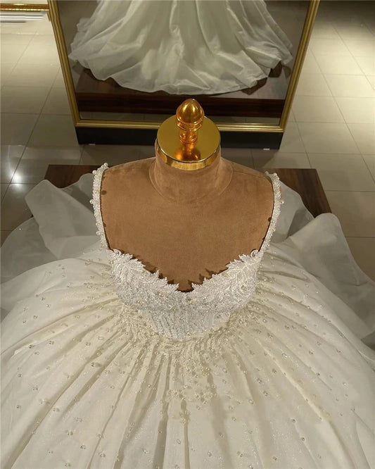 Fyrkantig nack spets applicerad brudklänning för kvinnor illusion strand fluffig mopping bröllopsklänningar ljusrock brud klänningar