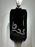 Autumn Elegant Dress Women's Party Dress High Neck Long Sleeve Gloves Luxury Crystal Design Velvet Mini Feather Dresses Vestido black