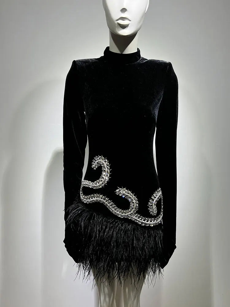 Autumn Elegant Dress Women's Party Dress High Neck Long Sleeve Gloves Luxury Crystal Design Velvet Mini Feather Dresses Vestido black