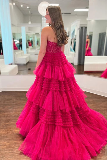 Off Shoulder A-line Prom Dress Heart Shaped Neck Multilayer Vestidos De Noche Sexy Side High Split Graduation Ball Dress