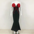 2024 New Fashion Red Florals Women Sexy Strapless Off the Shoulder Bodycon Bandage Long Dress Nightclub Party Celebrate Dress