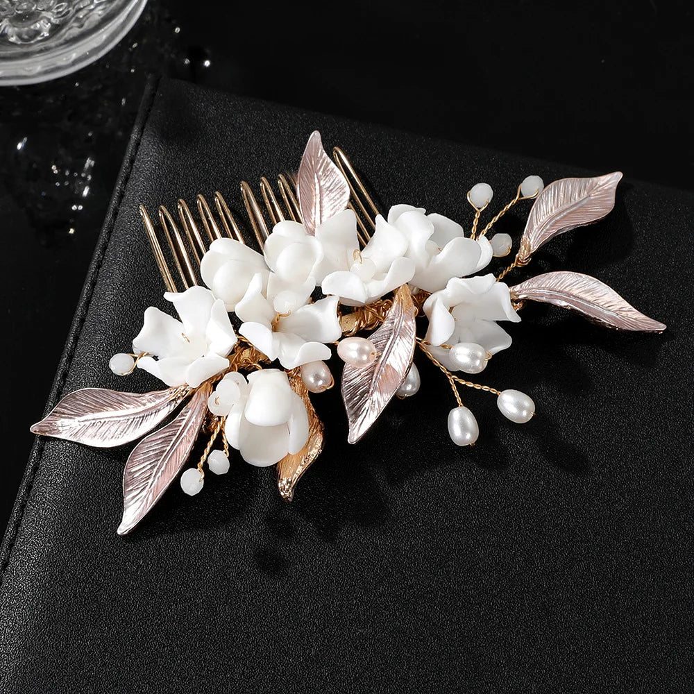 Bridal Hair Jewelry Gold Color Headbands Headpieces Porcelain Flower Hairband Brides Gift Headdress Headwear Wedding Accessories