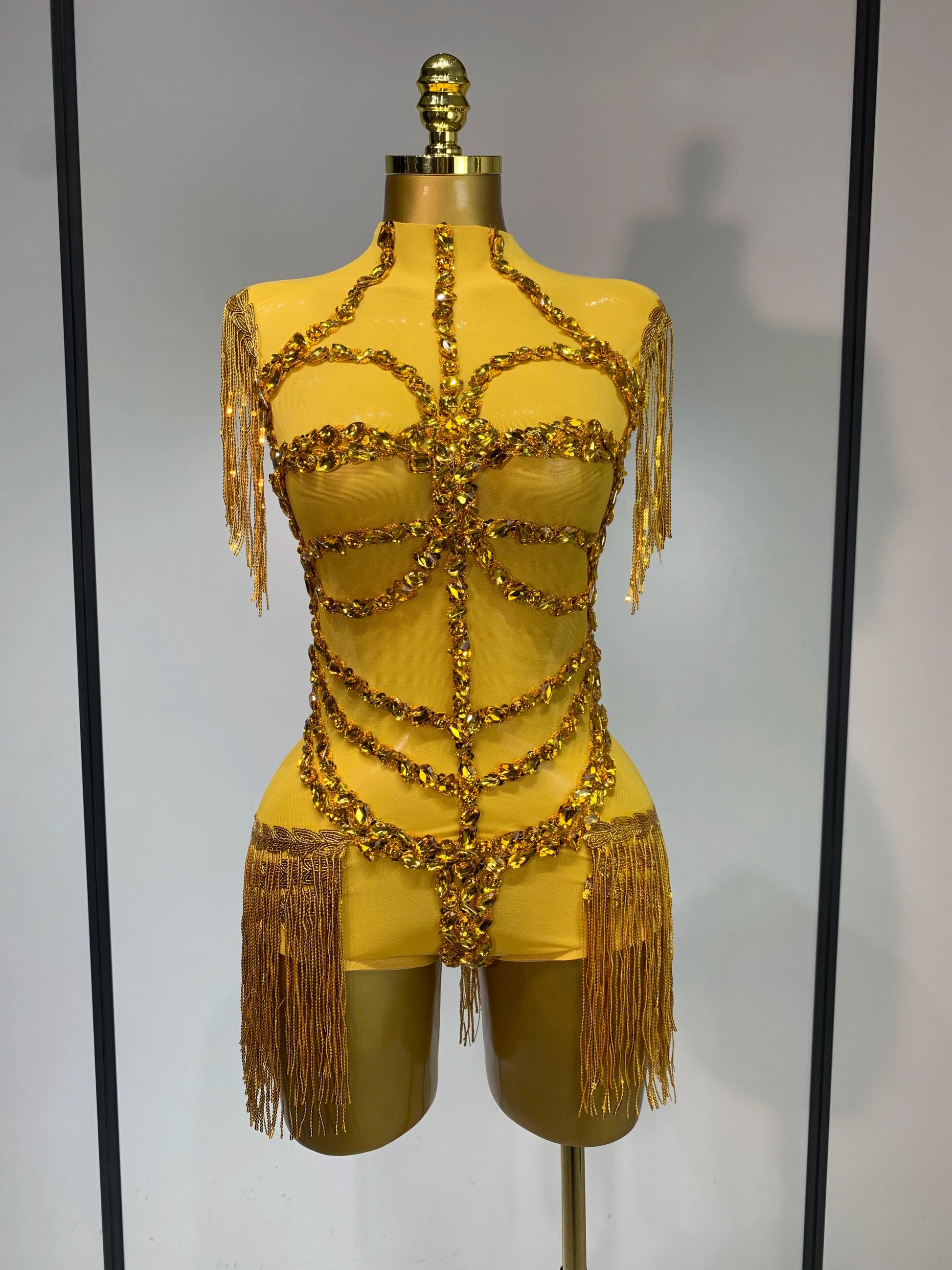 High Quality Luxury Rhinestone Sexy Mesh See Through Bodysuit Women Celebrate Birthday Party Club Singer Dancer Stage Outfit Gold