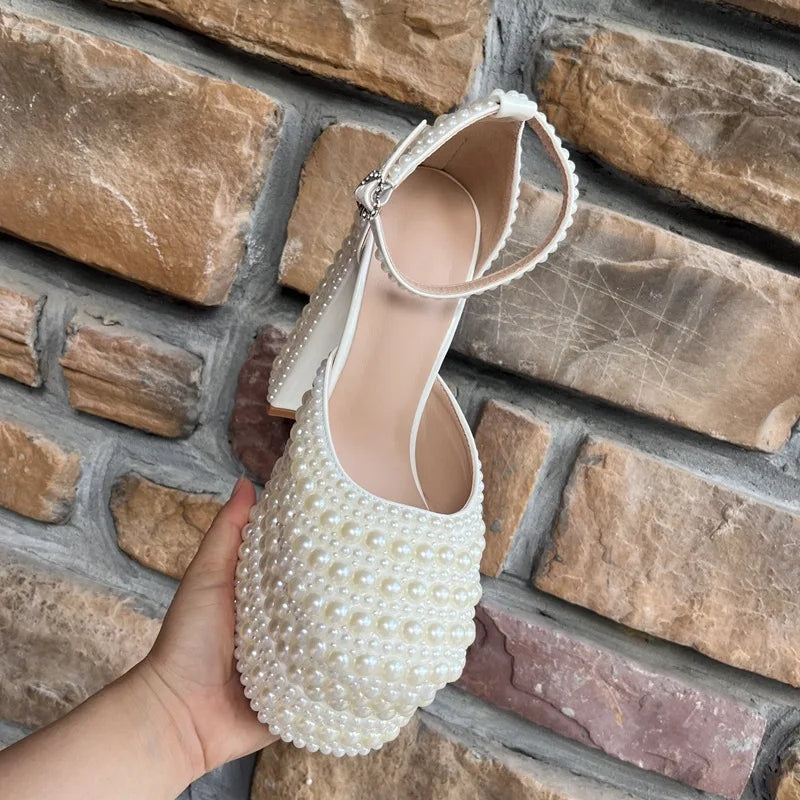 Luxury Handmade Full Pearls Beaded Platform Wedges Women Pumps Fashion Chunky Heeled Ultra High heels Banquet Dress Wedding Shoe