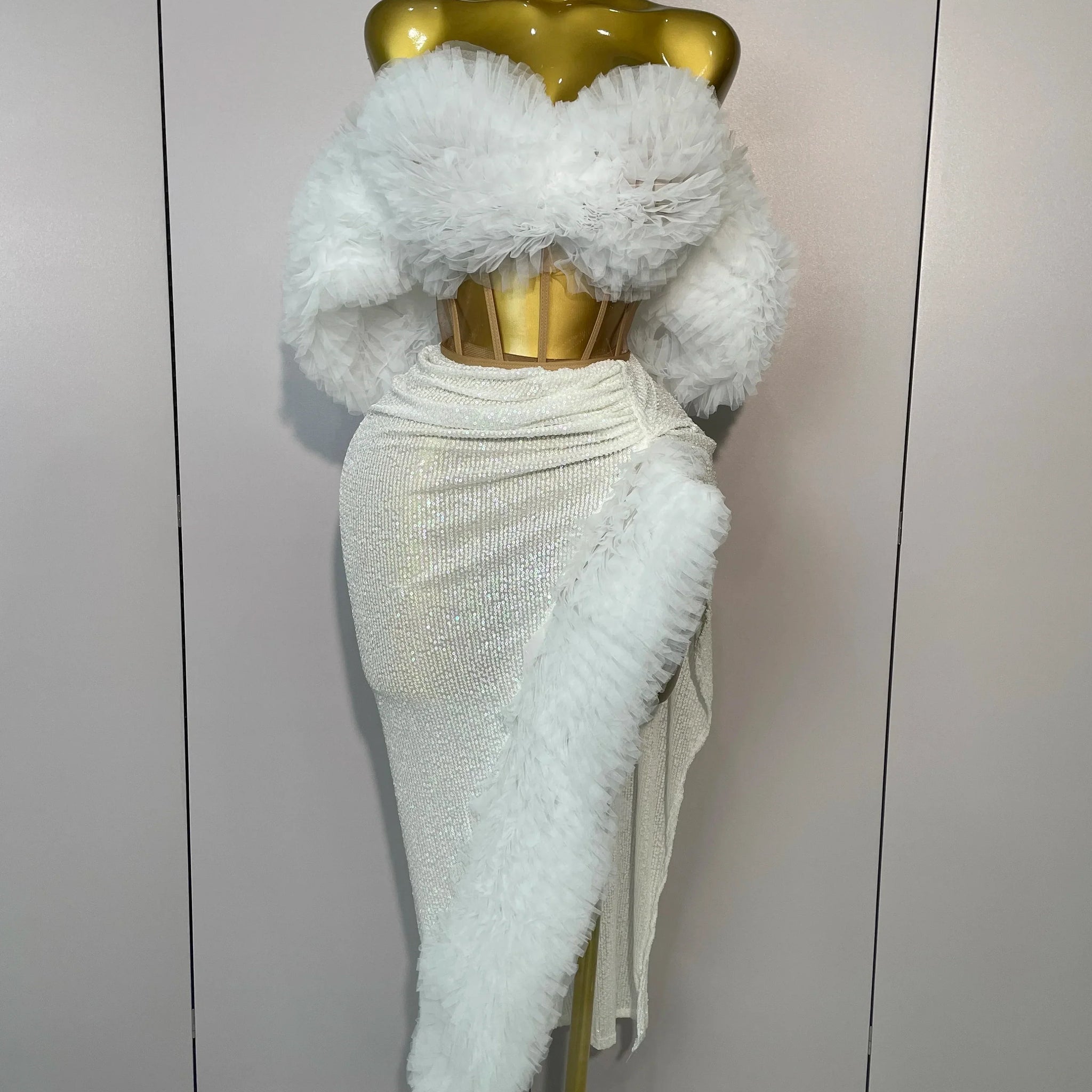 Women White Sequins Top Short Skirt Two Pieces Set Sexy Celebrate Evening Prom Birthday Dress Nightclub Stage Outfit WHITE