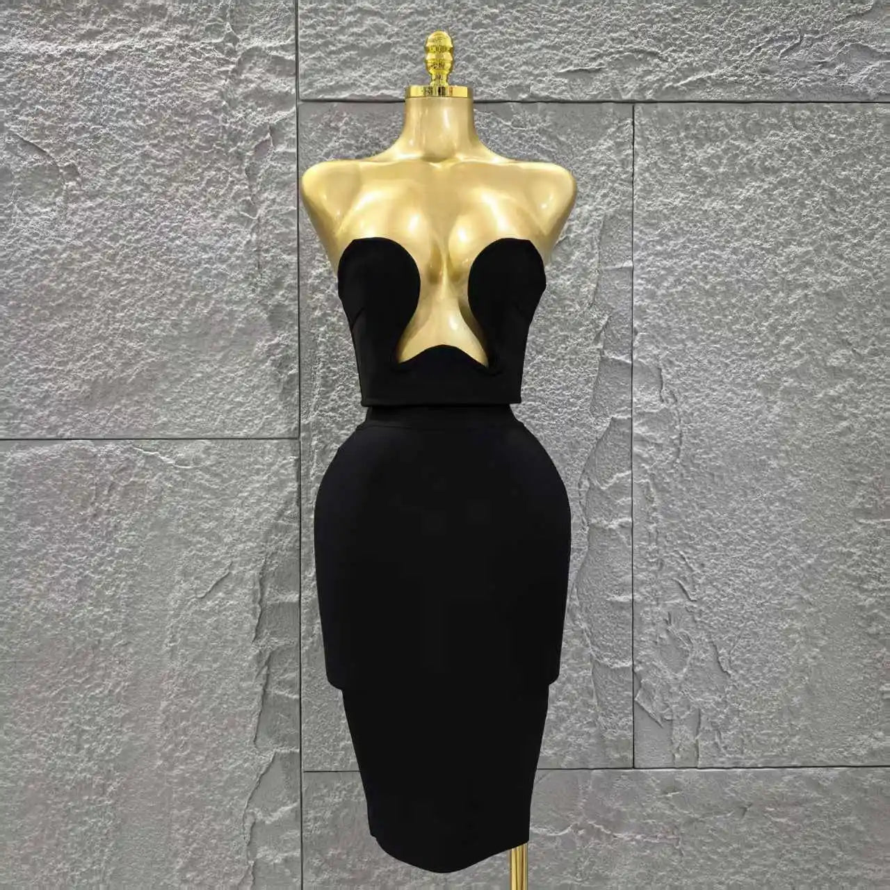 Women Sexy Strapless 2 Pieces Bodycon Rayon Bandage Midi Dress Nightclub Party Fashion Birthday Dress