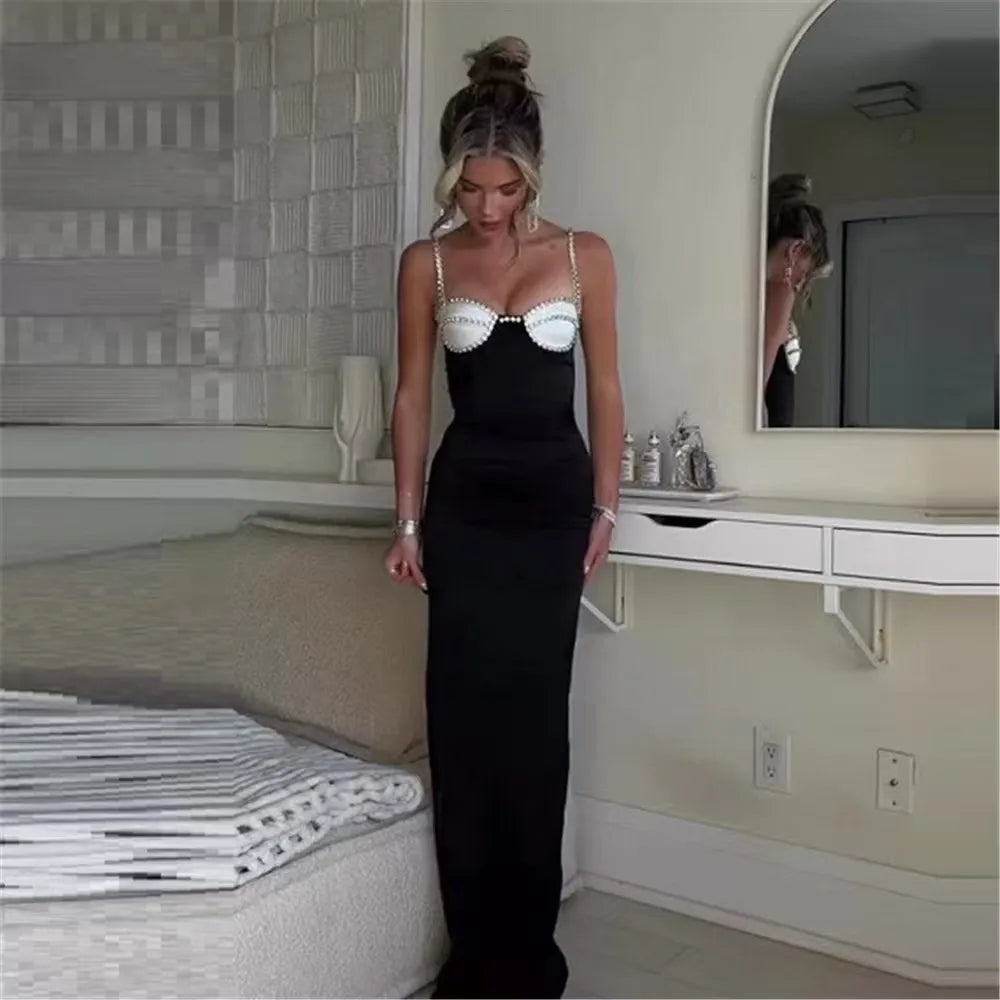 Black Red Color Women Sleeveless Sexy Strap Square Collar Bodycon Long Bandage Dress Nightclub Party Fashion Cocktail Dress black
