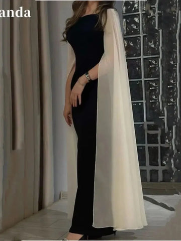 Black Taffeta Champagne Cape Sleeve Mermaid Evening Dress Elegant Trumpet Prom Dress As Picture