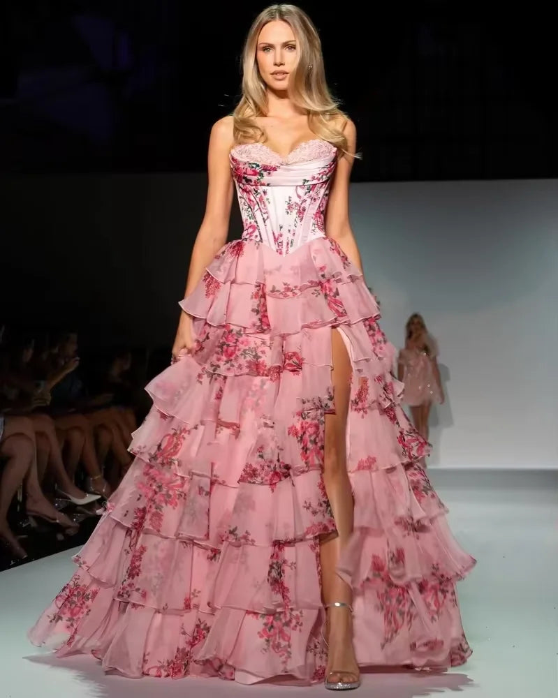 Customized Strapless Print Tiered Ruffle A-Line Evening Dress Wedding Party Dress Sexy Sweetheart Backless Side Slit Prom Dress Picture color