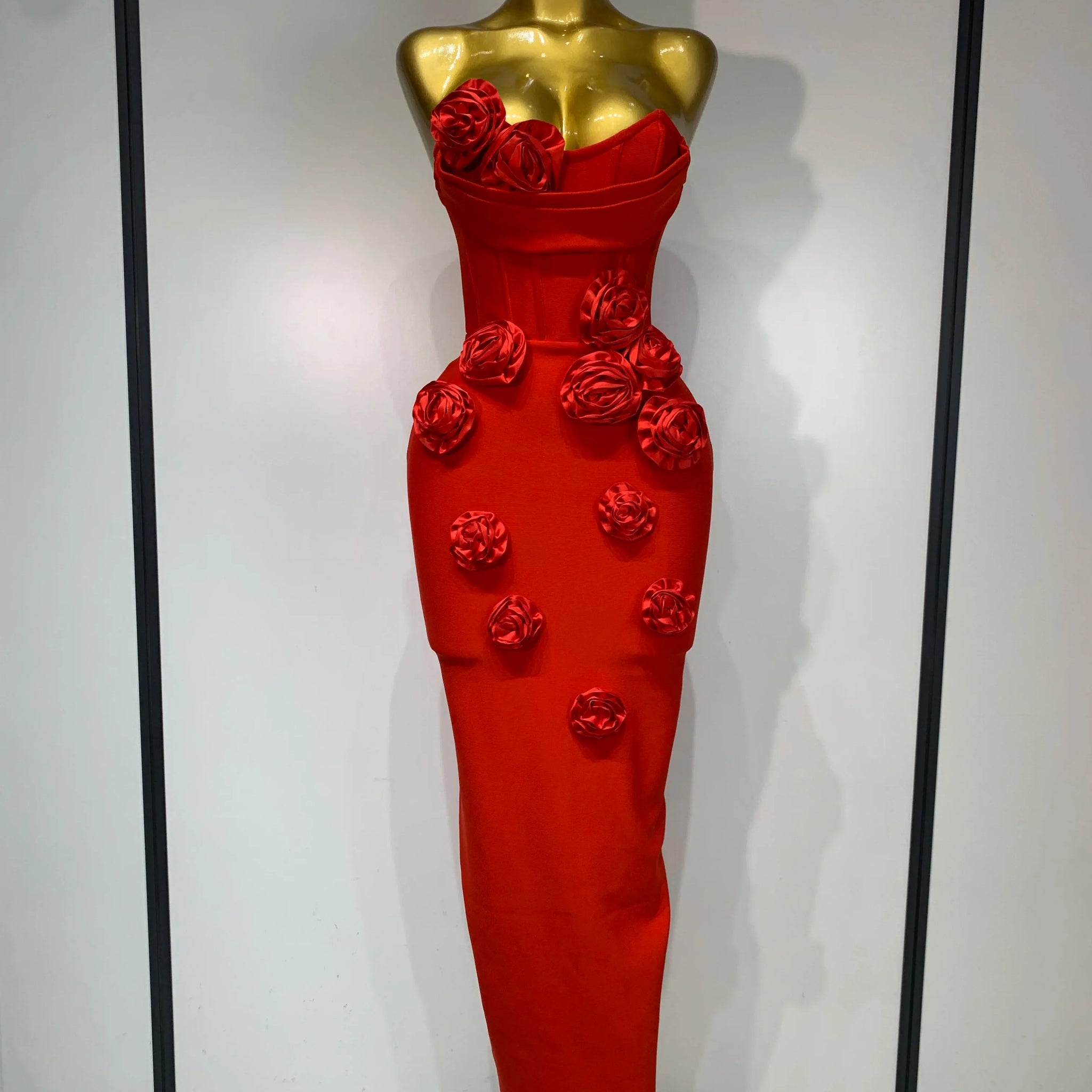 Newest Women Sexy Strapless Backless Red Flower Midi Bandage Dress Celebirty Elegant Evening Club Party Birthday Dresses Red