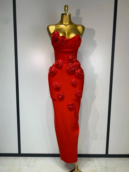 Newest Women Sexy Strapless Backless Red Flower Midi Bandage Dress Celebirty Elegant Evening Club Party Birthday Dresses Red