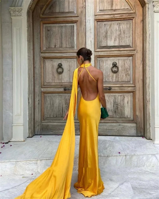 Golden Satin فساتين السهرة Mermaid Sleeveless Vestidos De Noche Floor-Length Elegant Backless Long Shawl Prom Dresses