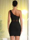 Sexy Women'S Light Luxury Flower Studded Diamond Bandage Dress One Shoulder Sleeveless Bodycon Sheer Patchwork Mini Dress,