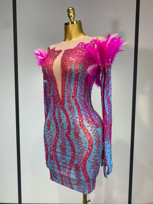 Women Sexy Mesh See Through Diamond Feather Dress Elegant Evening Party Luxury Birthday Nightclub Performance Stage Costume