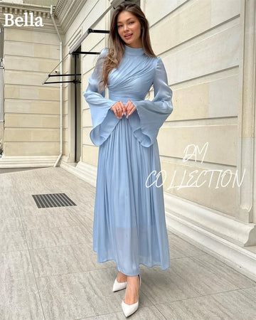 Light Blue Prom Dresses High Neck Modest A-line Wedding Dress Elegant Long Sleeves Chiffon Pleats Vestidos De Fiesta