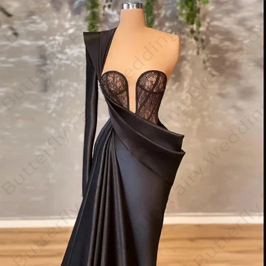 Black Elegant Off Shoulder Mermaid One Shoulder Sleeve Prom Gown Satin Pleat Floor-Length Formal Lace Applique Evening Dresses