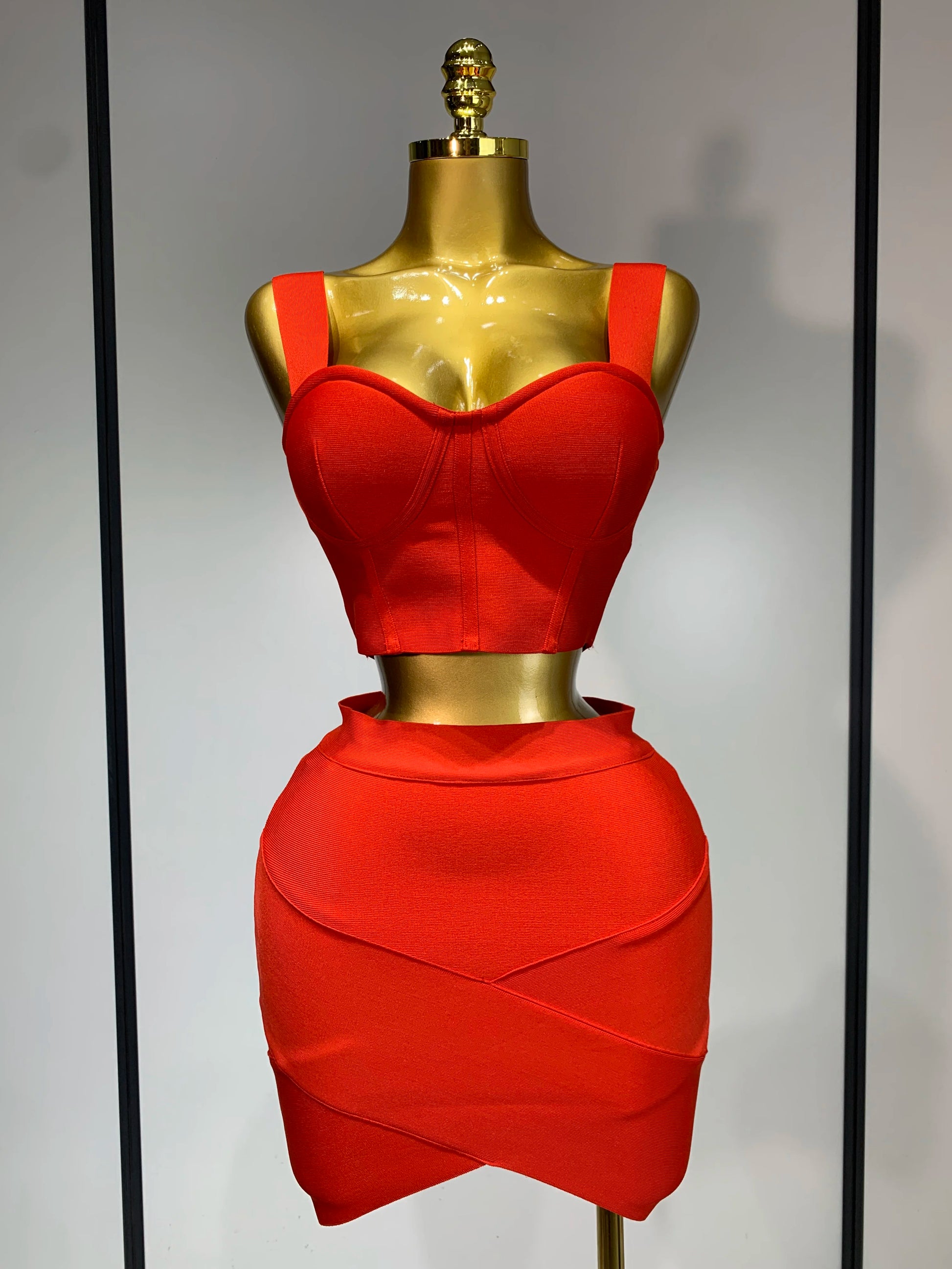 Women Sexy Top Short Skirt Bodycon Bandage Two Pieces Sets White Black Evening Party Luxury Birthday Outfit Nightclub Suits Red