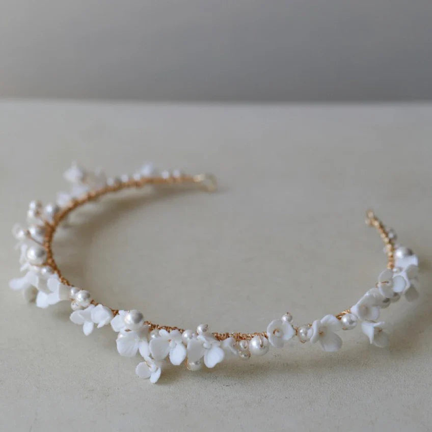 Porcelain Flower Headband Hairband Pearl Headpiece For Brides Women Headdress Headwear Wedding Hair Accessories Bridal Jewelry gold color