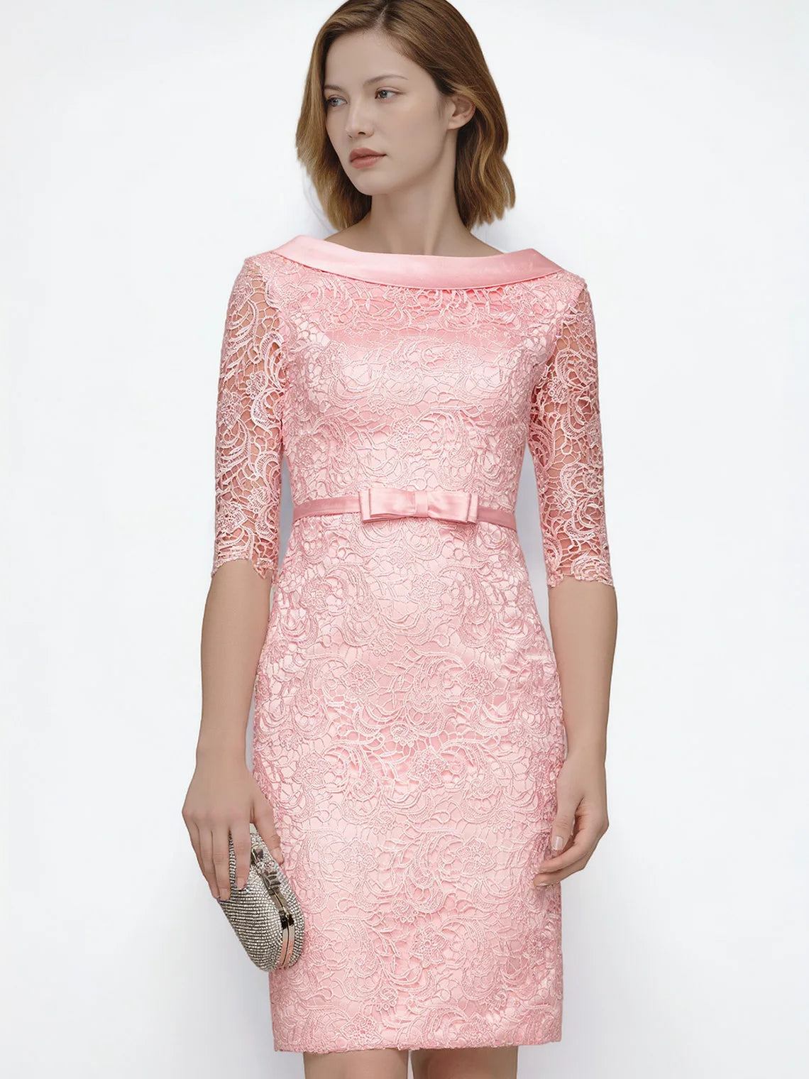 Mother Of The Bride Gown - Elegant Sheath Evening Dress Lace Jacket Bateau Neck Half Sleeve Knee-Length Bowknot Waistband Formal Dress 2025 Free Customized pink