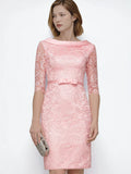 Mother Of The Bride Gown - Elegant Sheath Evening Dress Lace Jacket Bateau Neck Half Sleeve Knee-Length Bowknot Waistband Formal Dress 2025 Free Customized pink