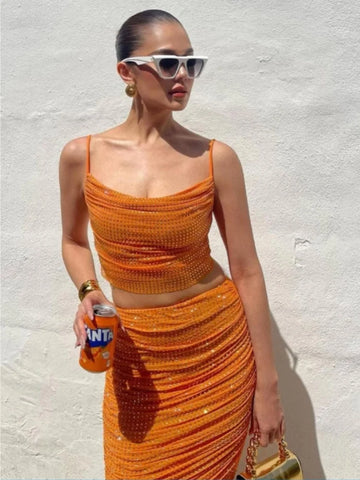 Orange Color Women Sleeveless Sexy 2 Pieces Shinning Rhinestones Bodycon Long Dress Fashion Celebrate Nightclub Party Dress Orange