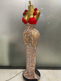 Sexy Sparkly Rhinestones Mesh Mirrors Red Roses Long Dress Women Elegant Evening Party Club Stage performance Costume