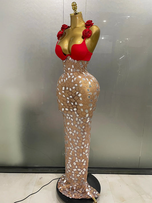 Sexy Sparkly Rhinestones Mesh Mirrors Red Roses Long Dress Women Elegant Evening Party Club Stage performance Costume