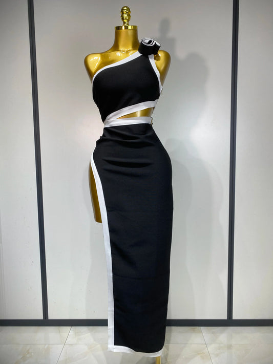 Women Celebrity Sexy One Shoulder Cut Out Split Maxi Long Bodycon Bandage Dress Elegant Evening Club Birthday Party Dress black