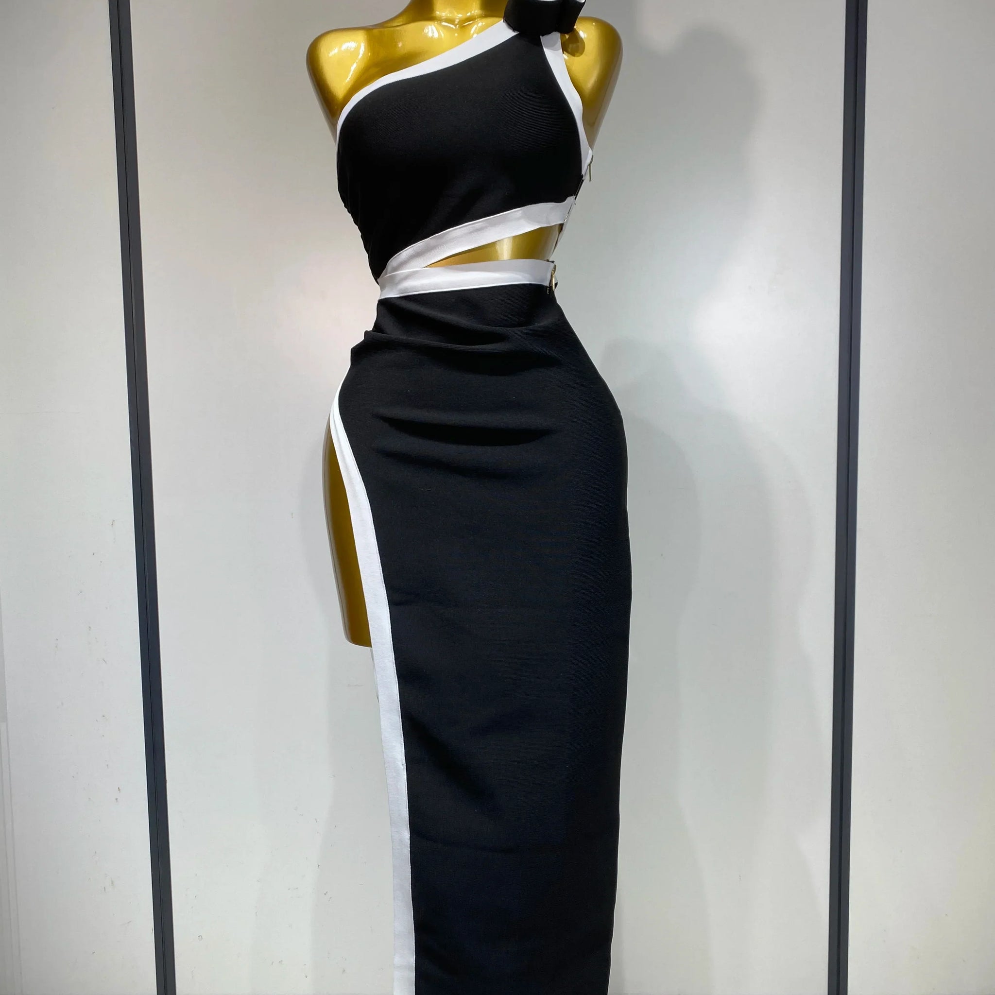 Women Celebrity Sexy One Shoulder Cut Out Split Maxi Long Bodycon Bandage Dress Elegant Evening Club Birthday Party Dress black
